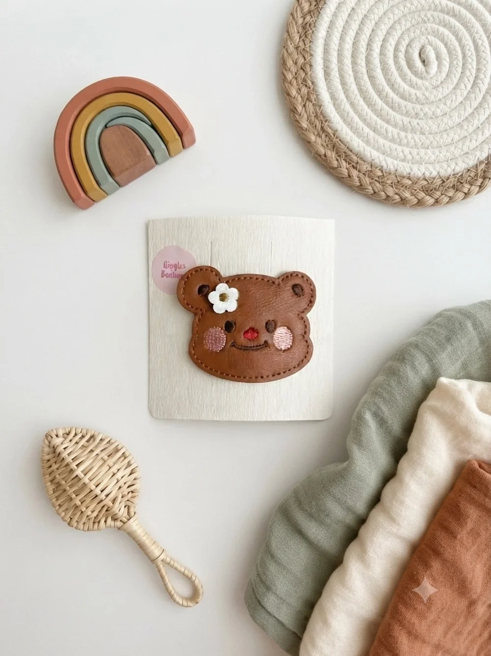 Handmade Brown Bear Leather Hair Clip Cute Flower Cheeks Boutique
